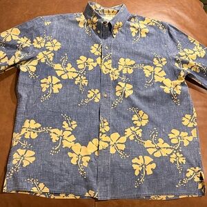 Reyn Spooner Blue and Yellow Floral Hawaiian Shirt